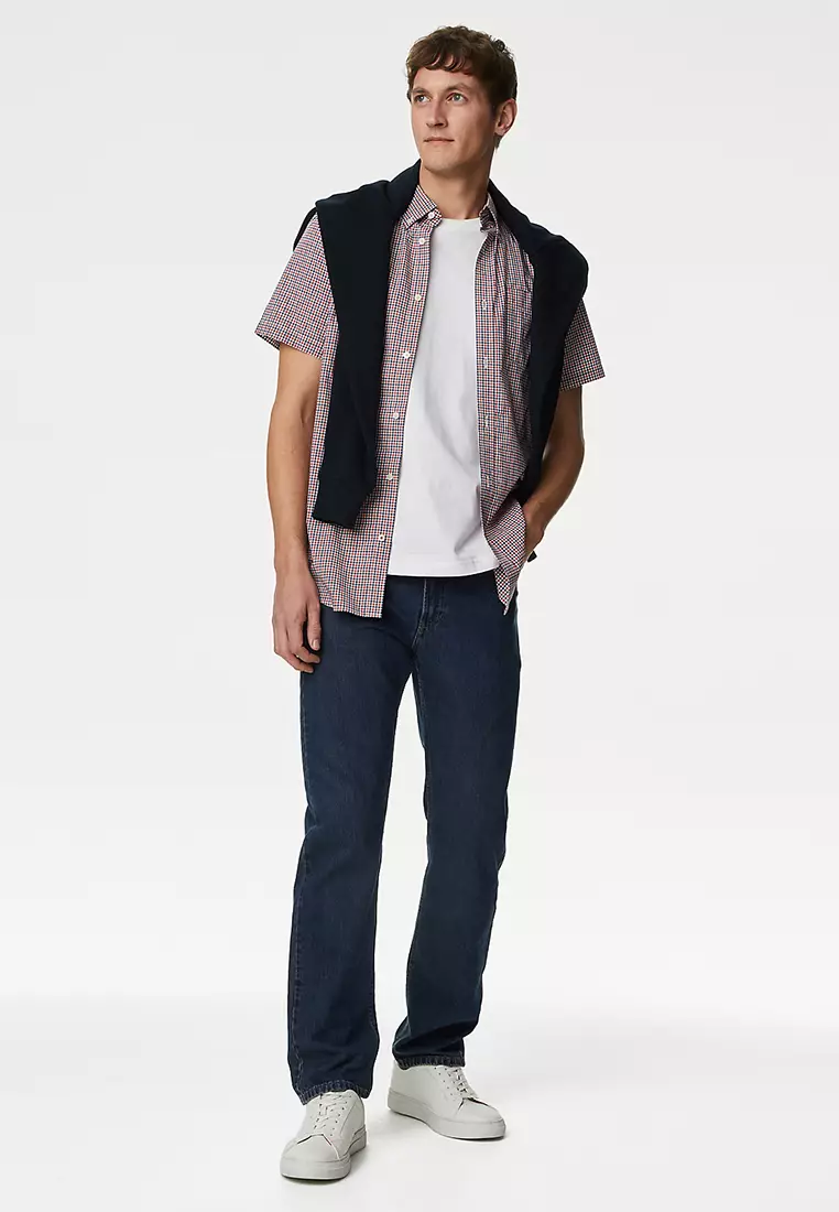 Easy Iron Cotton Stretch Gingham Check Oxford Shirt