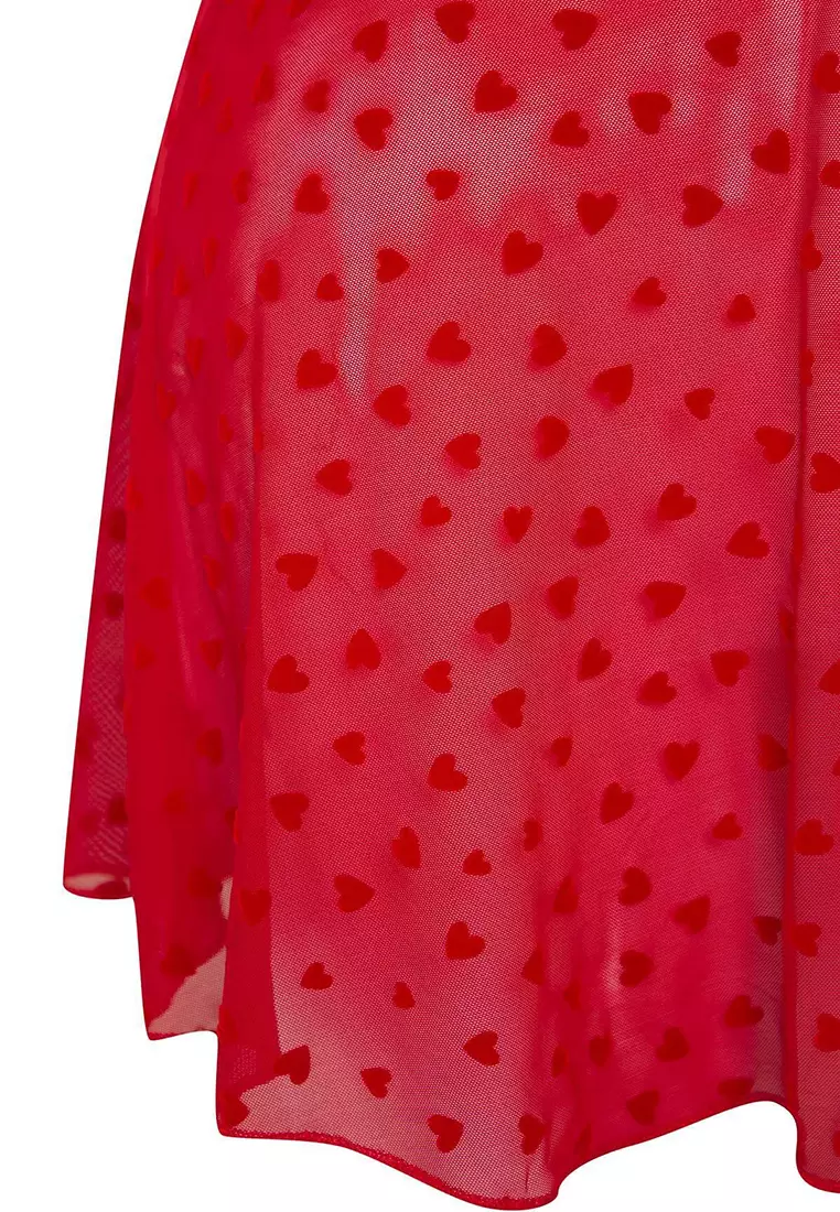 Red Fixed Covered Adjustable Strap Flocked Heart Pattern Plus Size Babydoll Tbbss25Dh00000