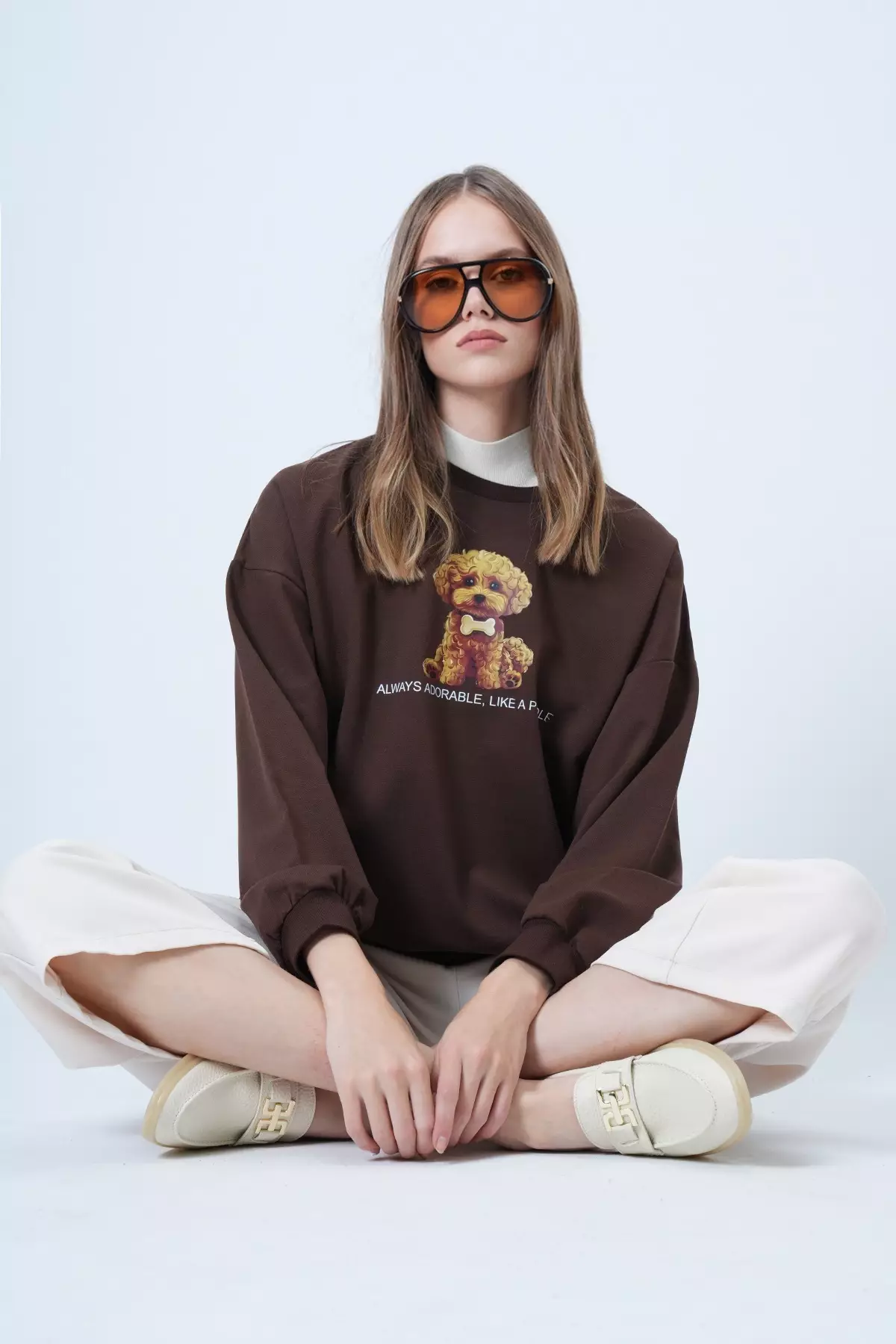 Women'S Brown Front Printed Oversize Cotton Sweatshirt Alc-X14651