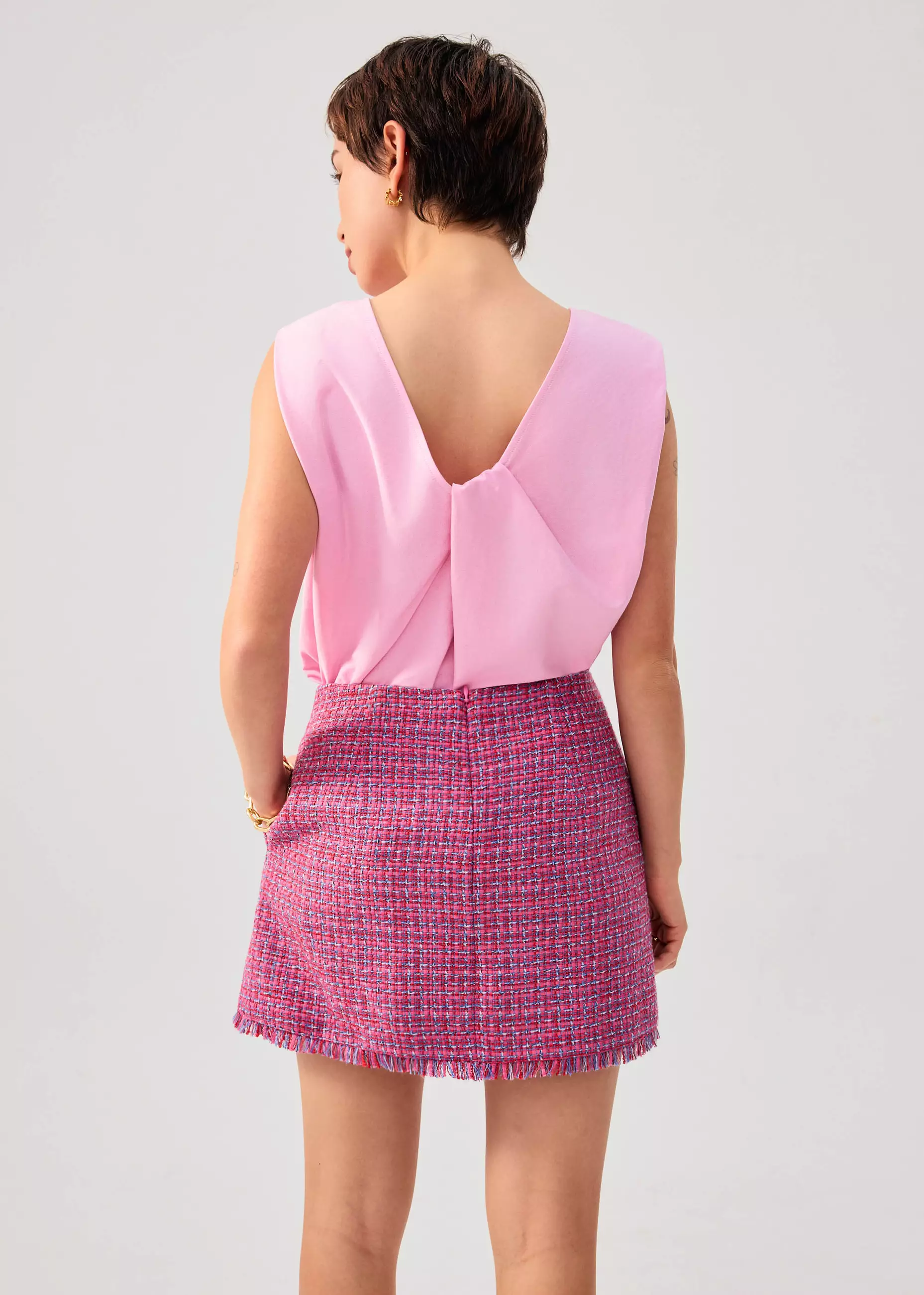 Rok Wanita - Tweed Frayed Hem A-line Mini Skirt