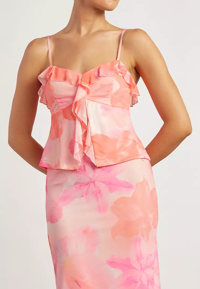 Tropical Floral Print Front Slit Mesh Top & Skirt Set