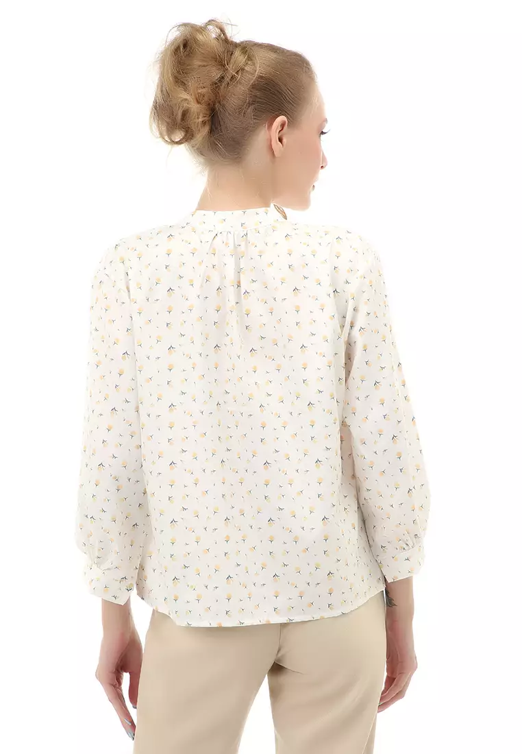 Cheva Blouse Atasan Wanita Kasual Lengan Panjang Motif Bunga Material Chiffon ORIGINAL - White
