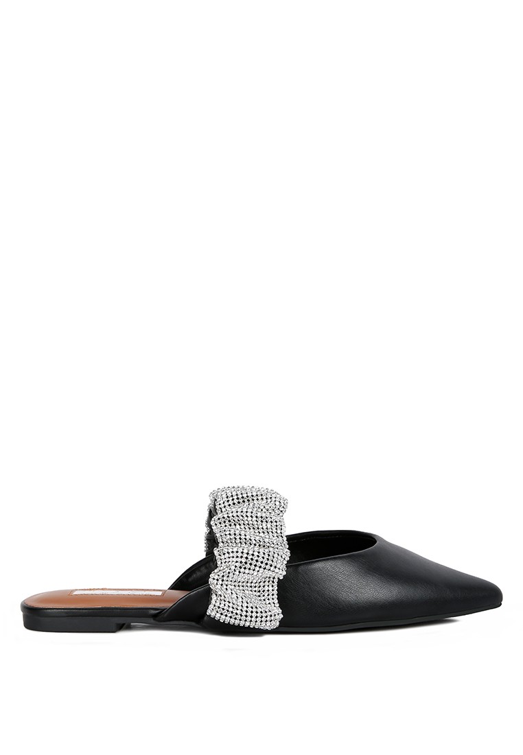 Black Diamante Strap Flat Mules