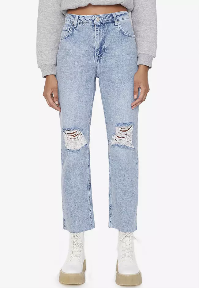 Buy Trendyol Ripped Detailed High Waist Straight Jeans Online