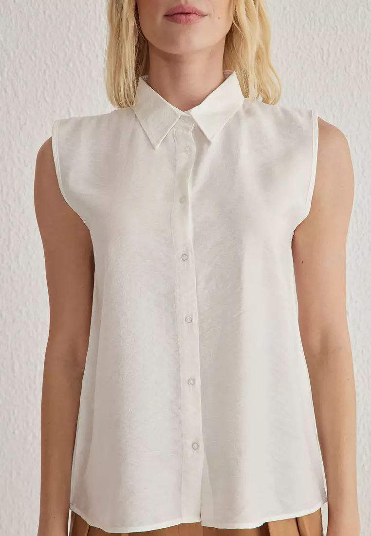 White Zero Sleeve Linen Look Regular Regular Fit Woven Shirt Twoss25Go97