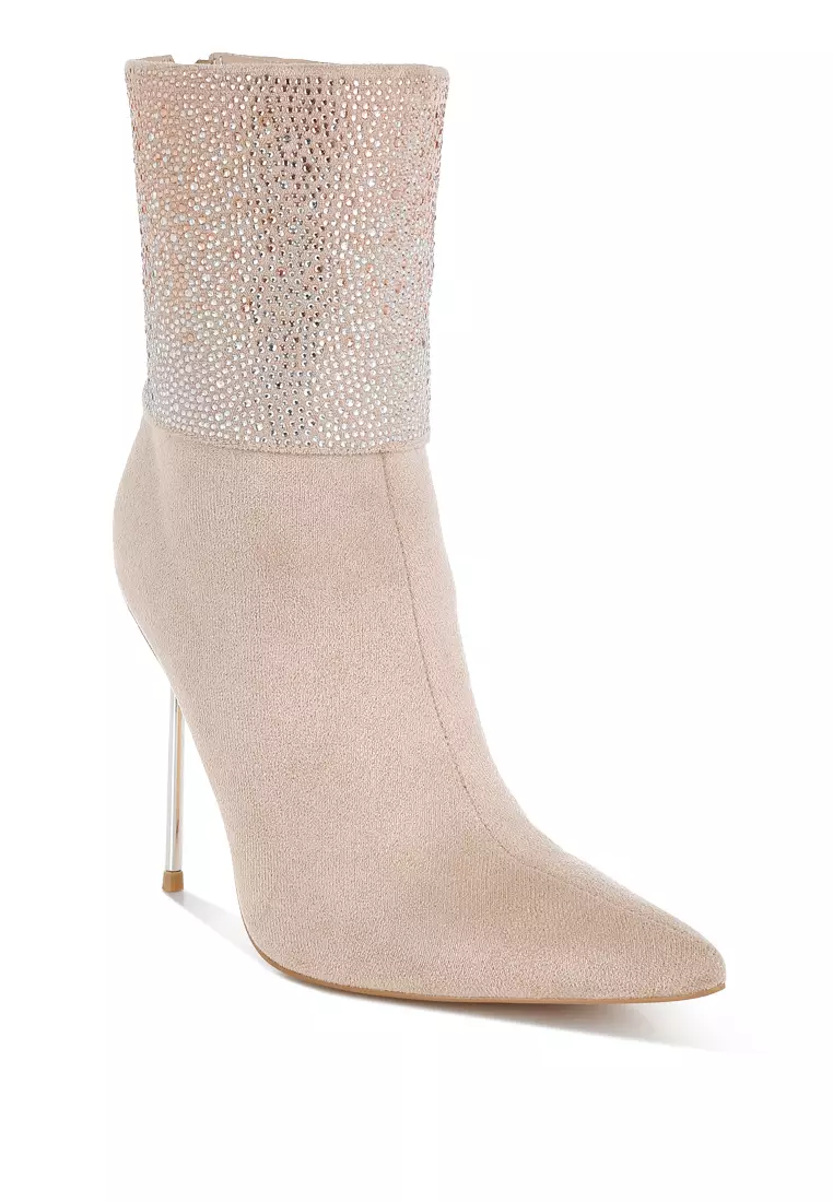 Rhinestones Embellished Foldover Boots in Beige
