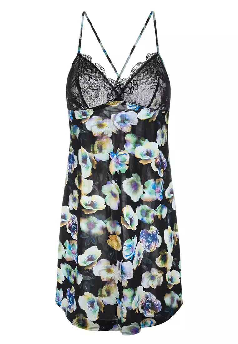 ZAYNA Lace Floral Digital Printed Tie Back Night Dress Slip Nightwear Sleepwear Linerie Bodywear