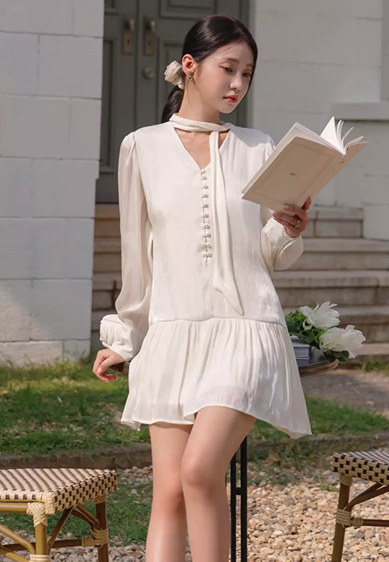 Neck Scarf Long Sleeve Dress