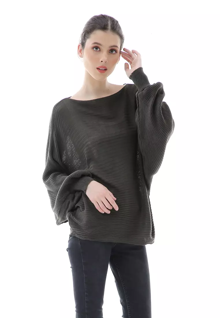 Eveline Sweater Rajut Batwing Atasan Wanita Motif Polos High Quality - Army