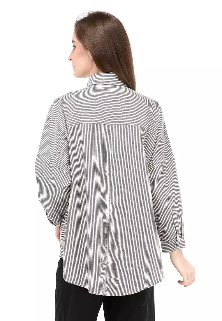 Dania Kemeja Long Sleeves Wanita Motif Bergaris Atasan Wanita Casual - Grey