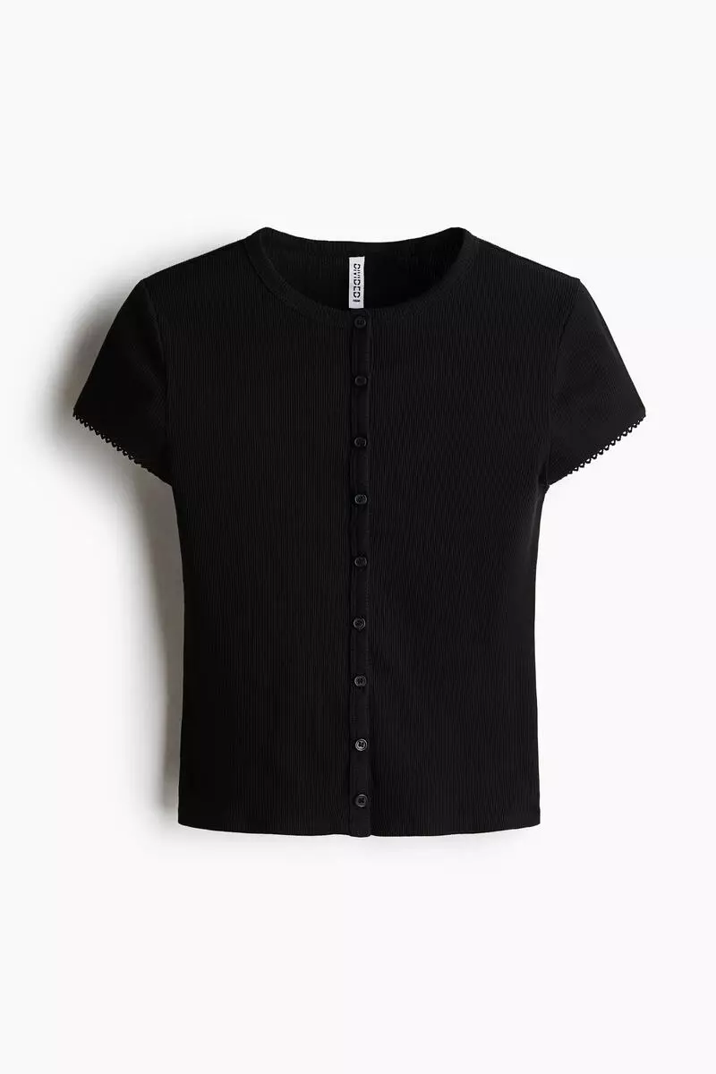 Ribbed button-front top