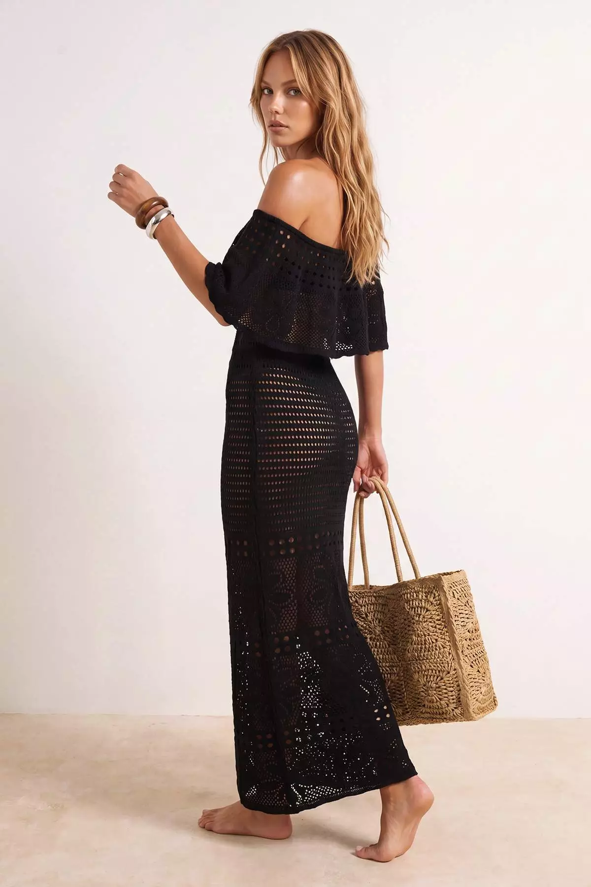 Black Knitwear Maxi Carmen Collar Beach Dress Tbess26El38