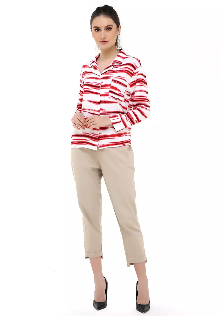 Carel Long Shirt Tie Dye Design Casual Kemeja Atasan Wanita - Merah
