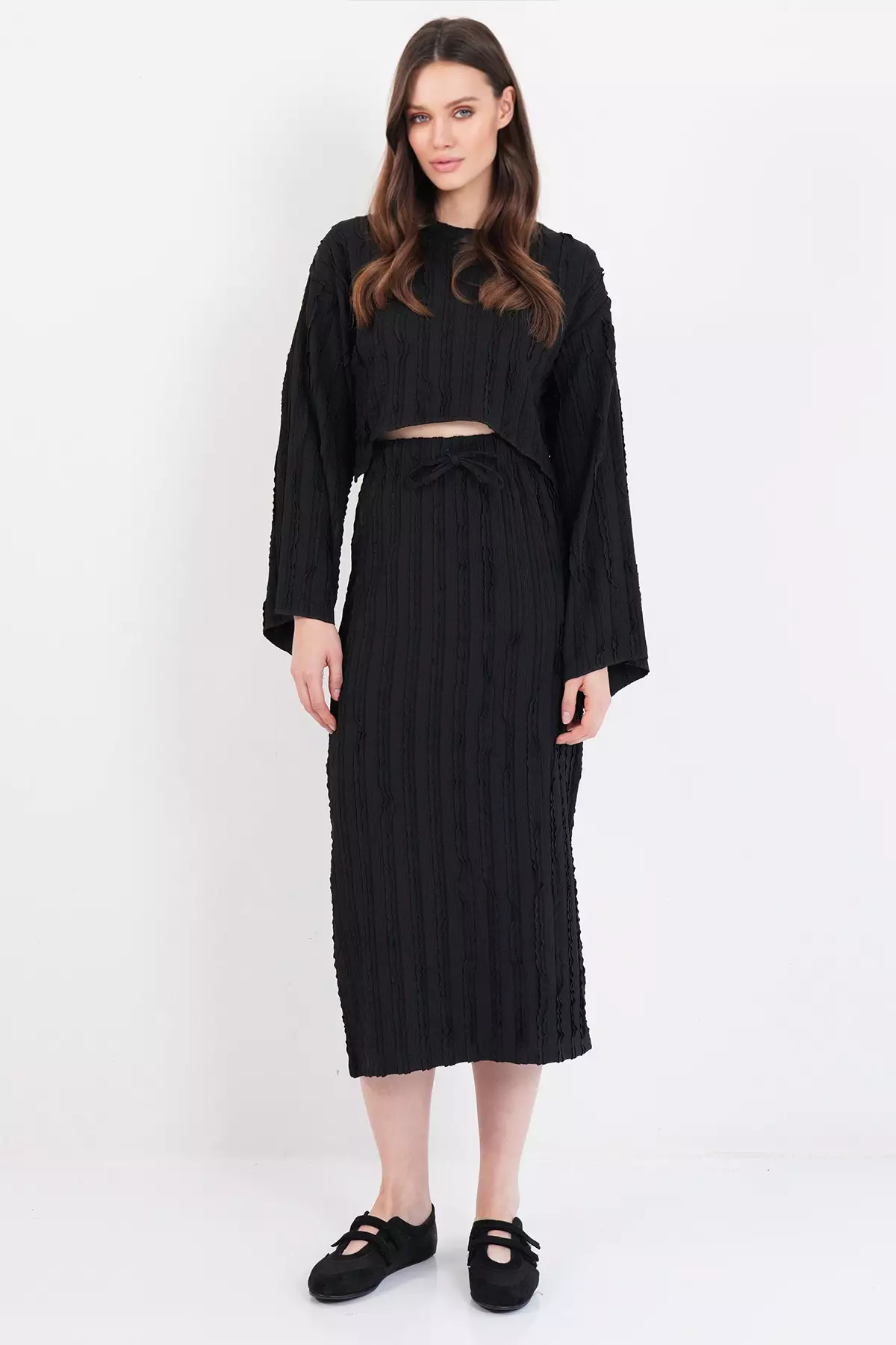Black Asymmetrical Cut Blouse And Skirt Set With Stitching Detail Alc-X14808