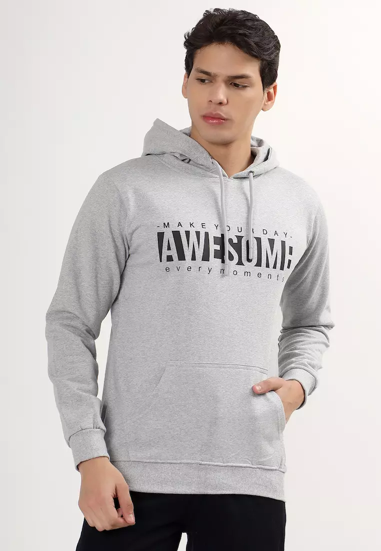 男士 Awesome Moment 橡胶印花棉质宽松连帽衫，灰色，适合训练、慢跑、高端外观、舒适穿着