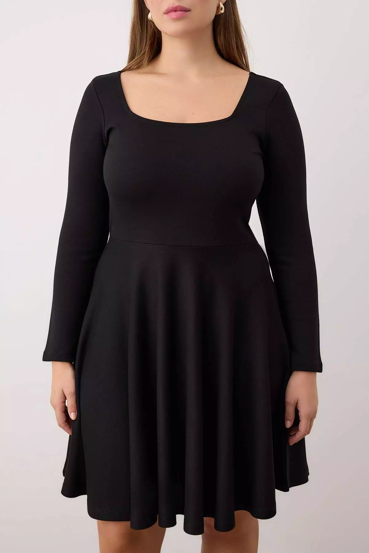 Black Square Neck Skater Mini Knitted Plus Size Dress