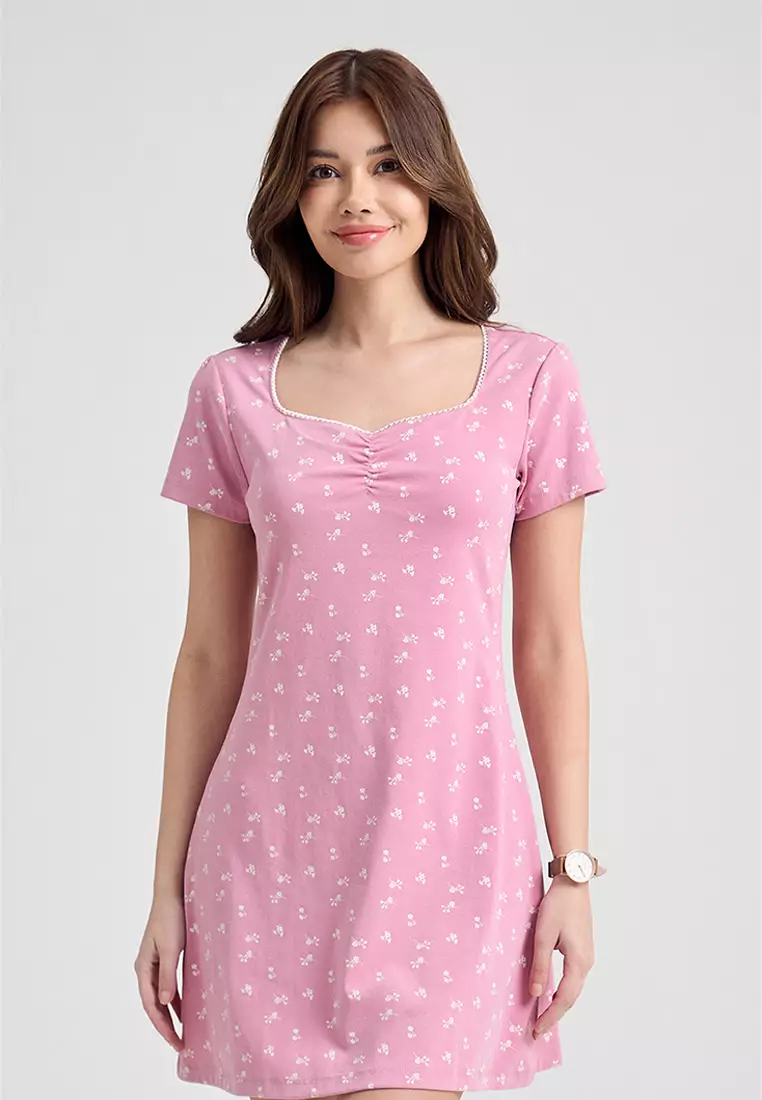 Short Sleeves Floral All-Over Print A-Line Dress