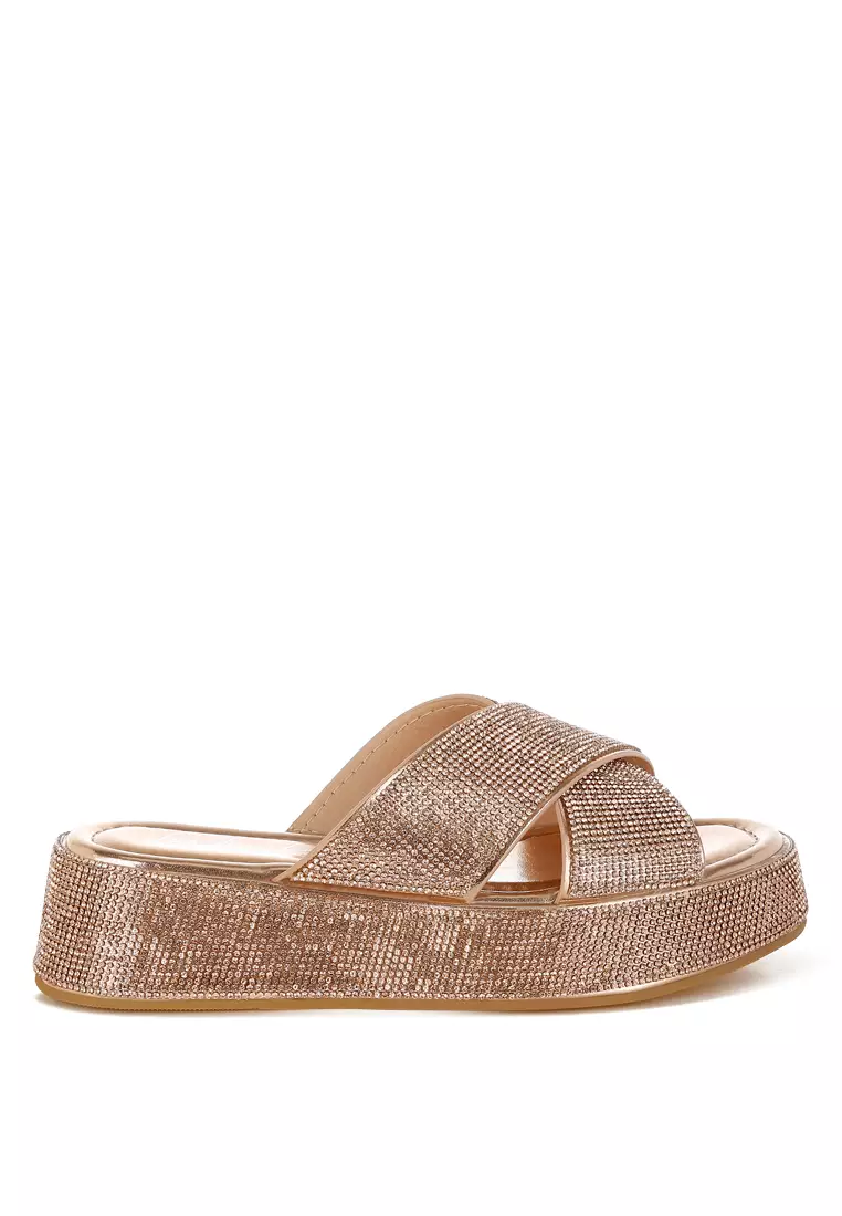 Rhinestone Embellished Flatforms In Rose Gold