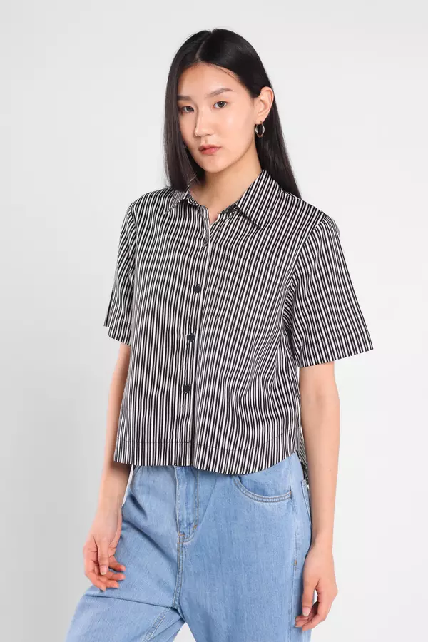 Minimal - Caron - Kemeja Wanita Motif Garis - Black Colour Black