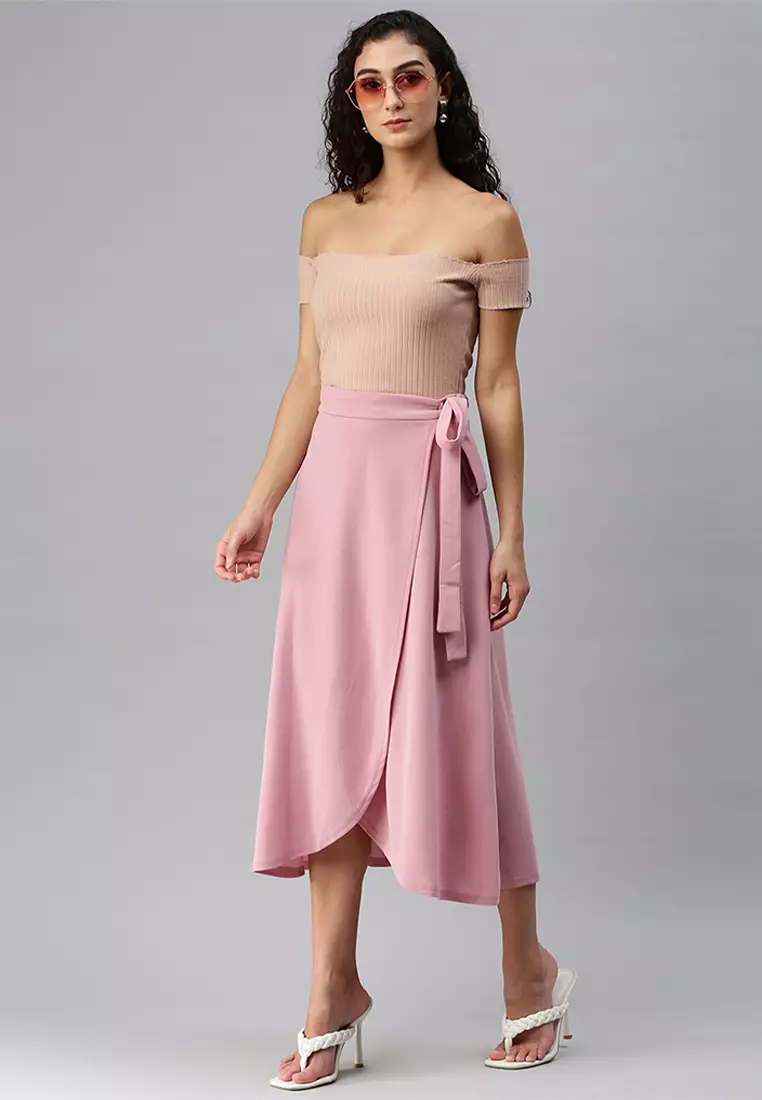 Pink Wrap Style Long Maxi Skirt