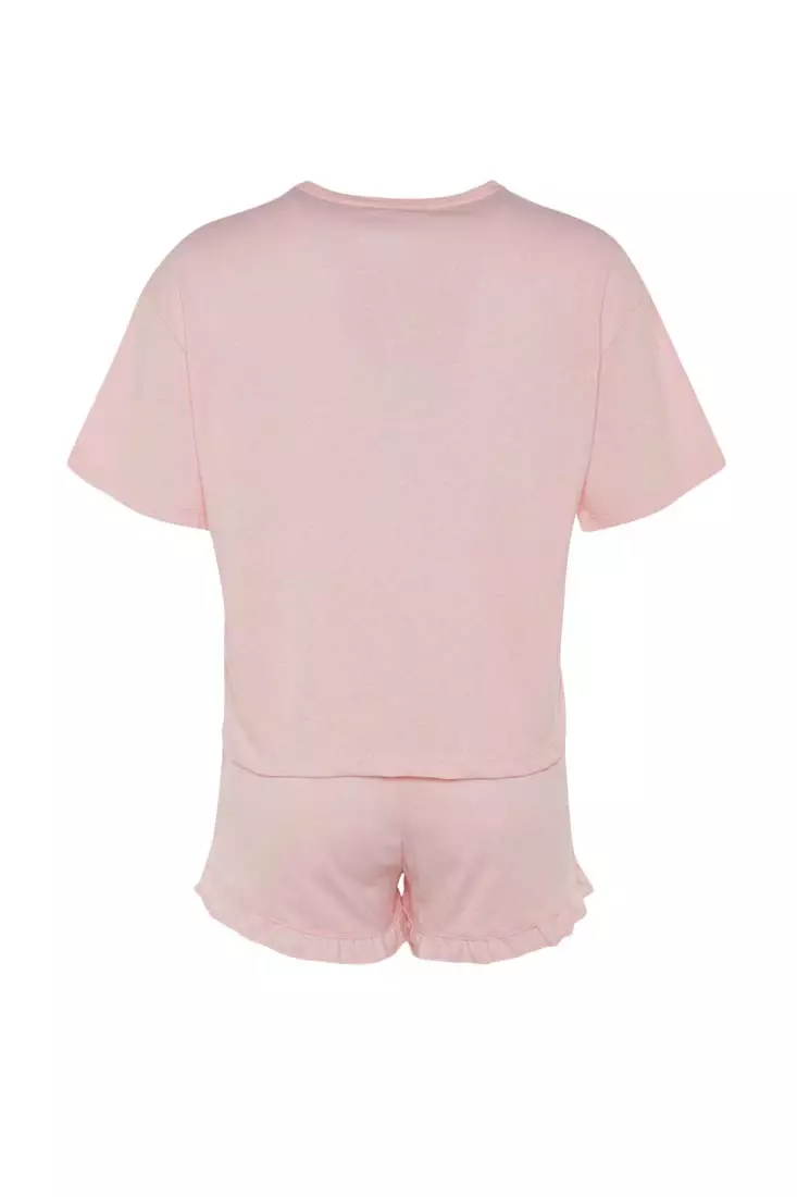 Graphic Plain with Frill Detail Pajamas Set