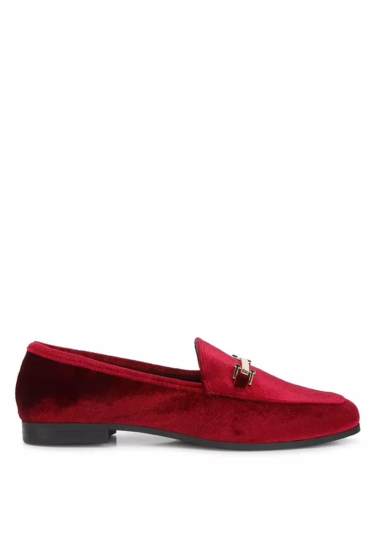 Buy London Rag Burgundy Horsebit Embellished Velvet Loafers Online ...