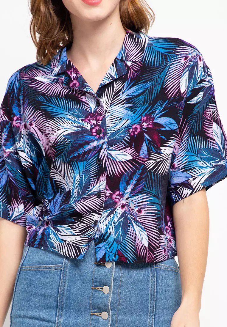 Nade Japan FT052 Kemeja Wanita Casual Motif Tropical Biru Ungu
