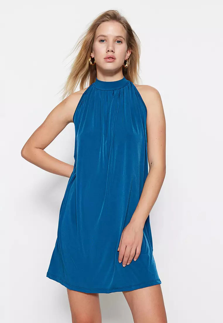 Gathered neck dress sale