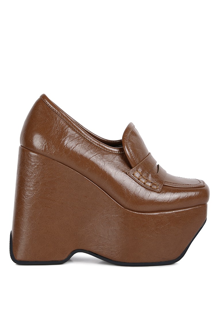 Tan High Platform Wedge Loafers