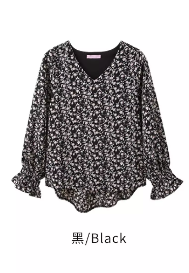 V領碎花傘襬荷葉袖雪紡上衣《AB16518》