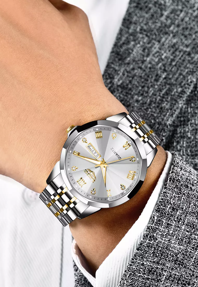 Unisex Stainless Steel Quartz Watch, Grey Dial, Day/Date, Stainless Steel Bracelet