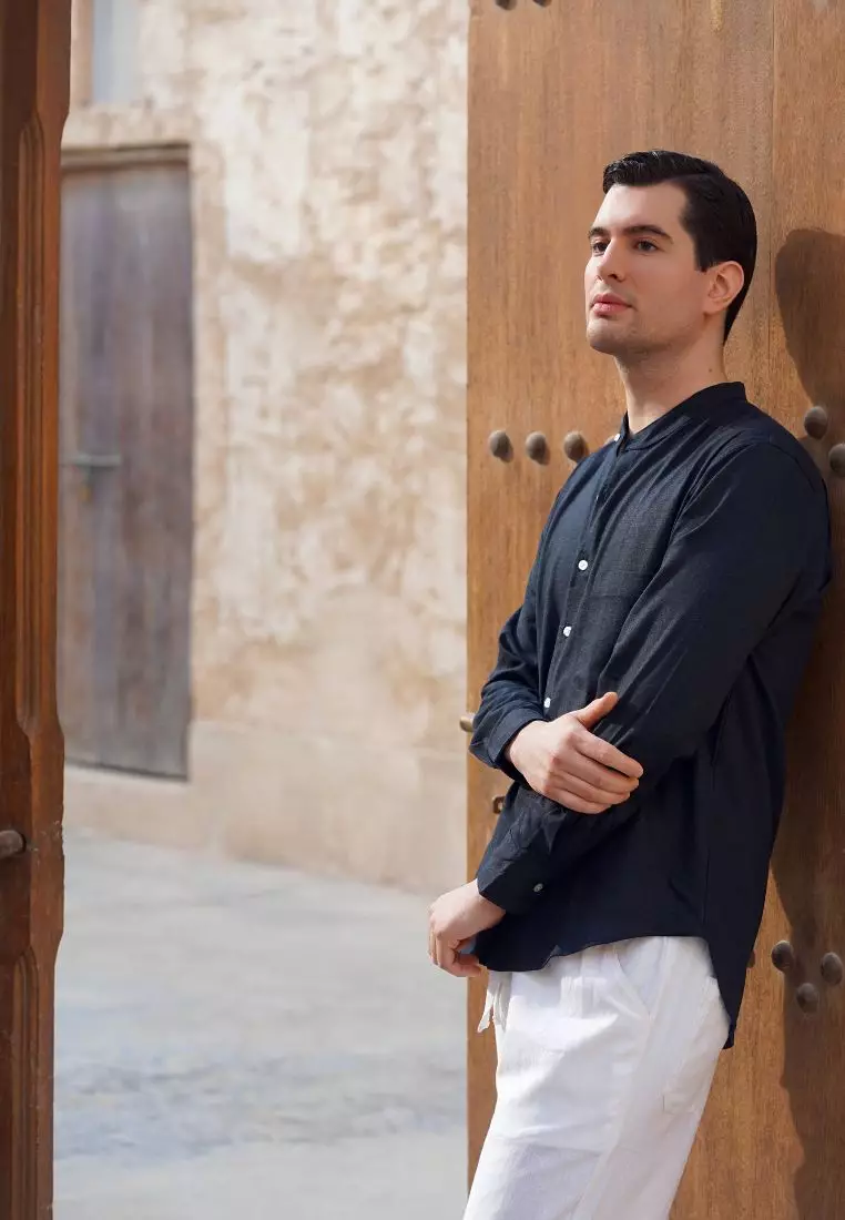 Black Sea Kemeja Linen Lengan Panjang Pria Hitam | Linen Long Sleeve Shirt Men Black