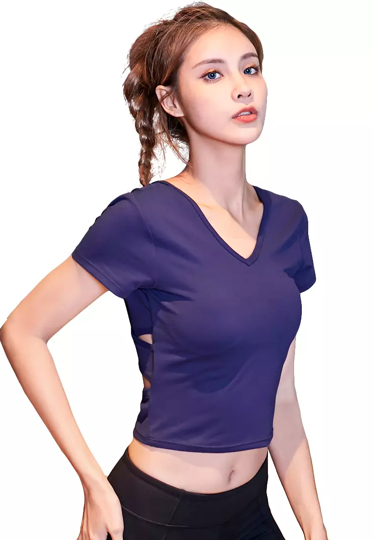 V-Neck Yoga Tops Short-Sleeved Sports Undershirt with Chest Pad