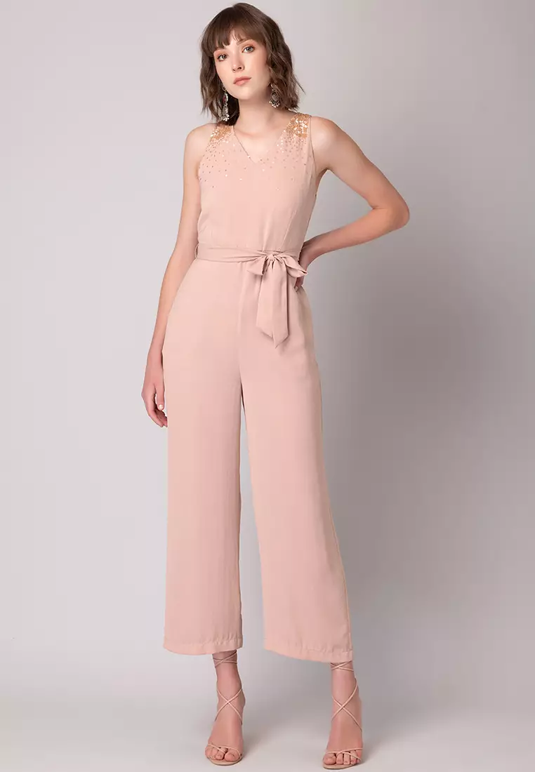 SIDDARTH TYTLER X FAballey Peach Embellished Neck Jumpsuit With Belt