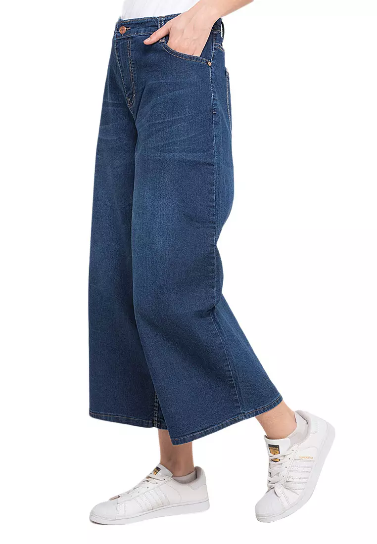 Sara Celana Kulot Jeans Long Pants Motif Solid Bawahan Wanita - Biru Tua