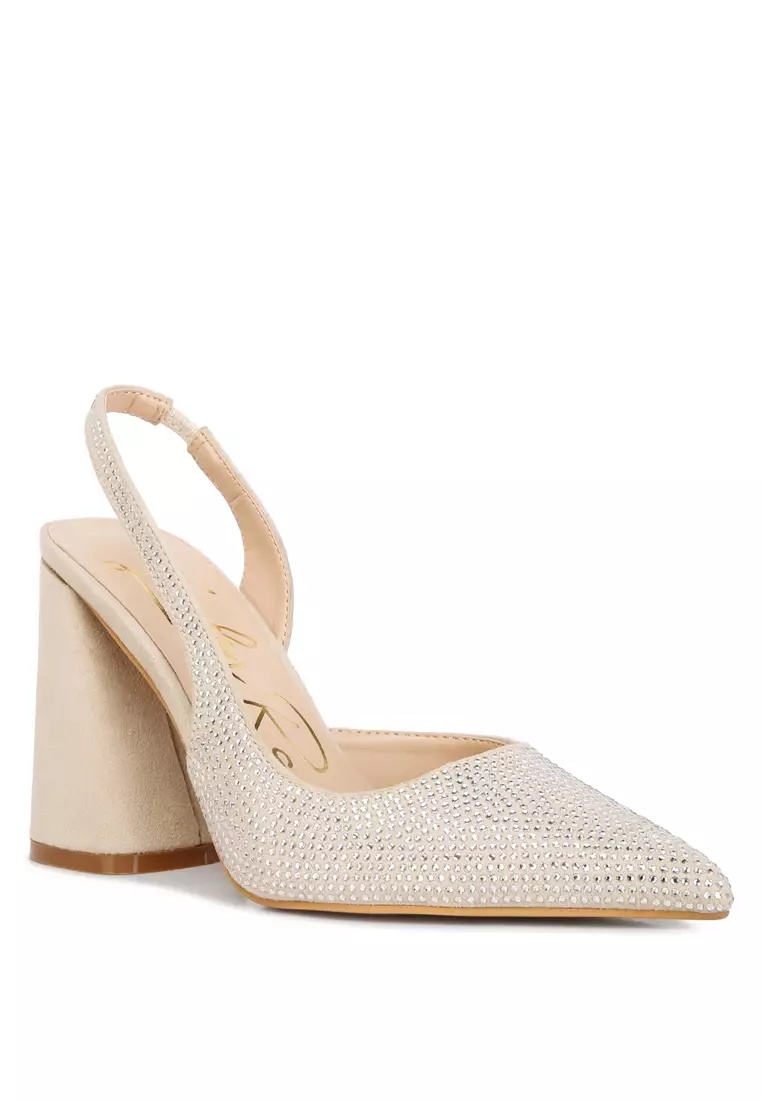 Sandal Tumit Suede Berlian Imitasi Krem