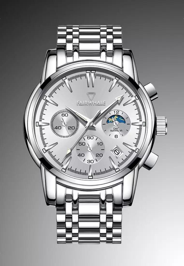 MarkFairWhale®中性不銹鋼計時碼石英表，銀盤，40mm，鋼手鐲