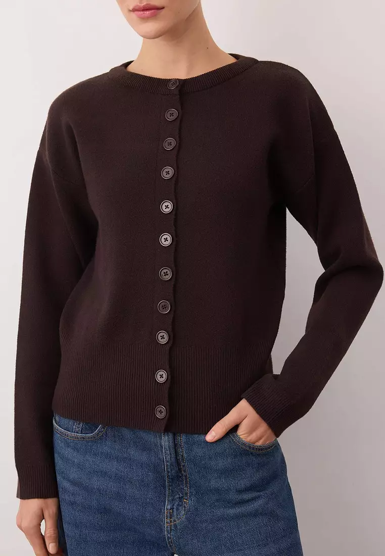 Brown 2-Piece Premium Yarn/Special Yarn Crew Neck Basic Knitwear Cardigan-Blouse Set Twoaw26Hi124