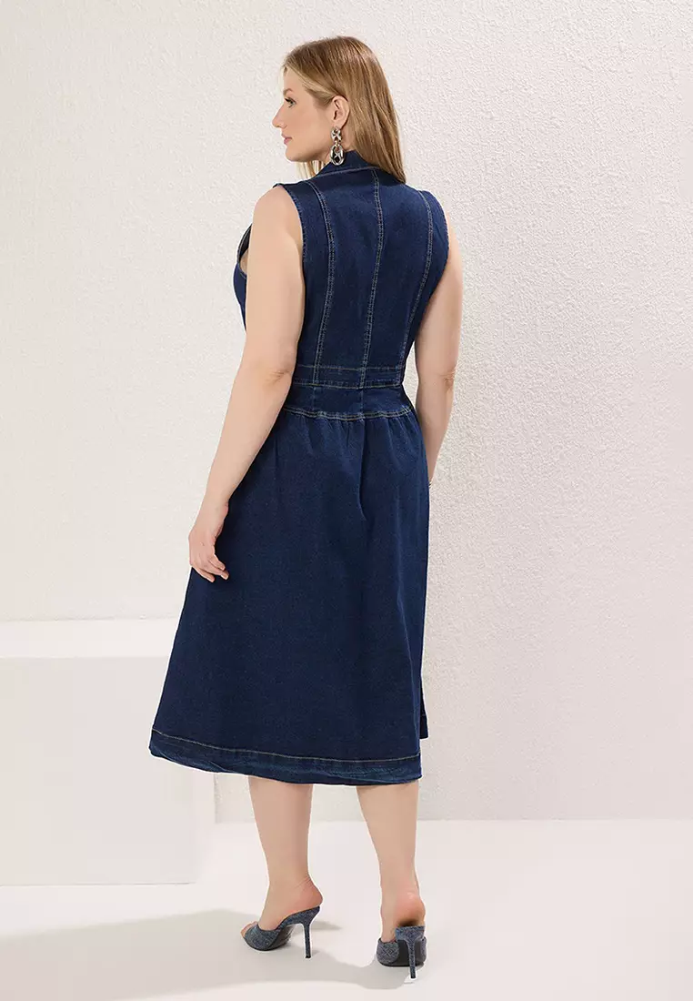 Dark Blue Jacket Collar A-Line Denim Plus Size Dress Tbbss25Ah00118