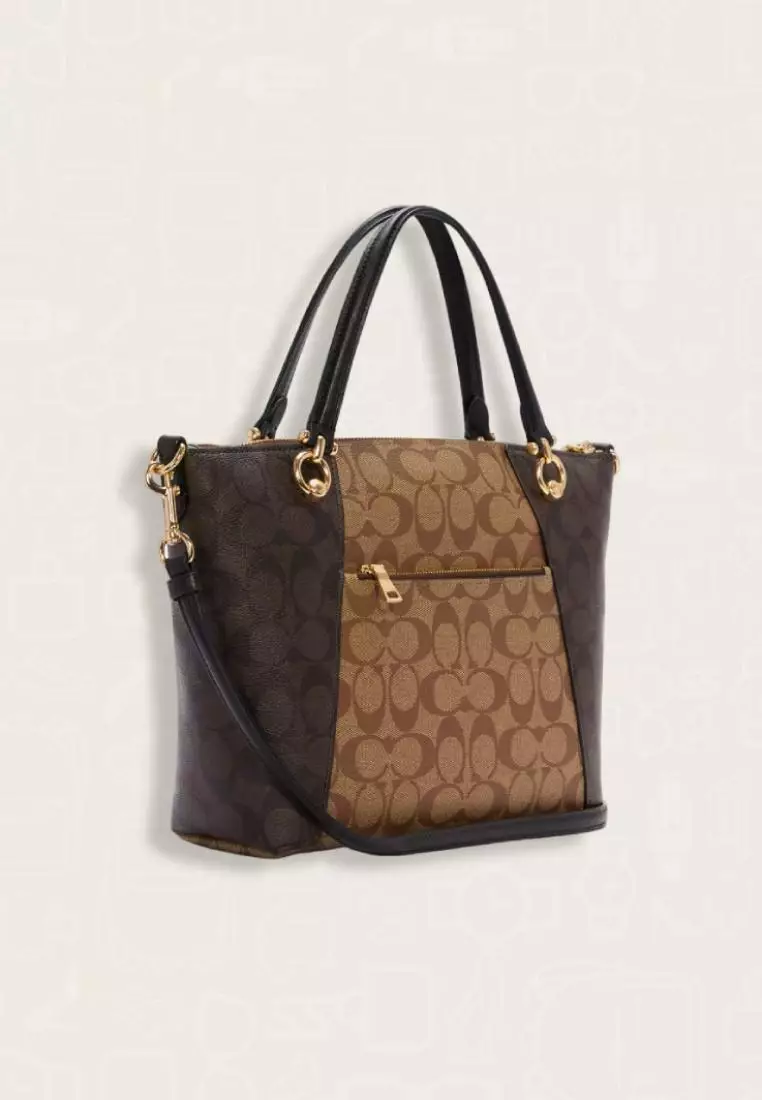 Coach Kacey Satchel In Blocked Signature Canvas Khaki Brown Multi