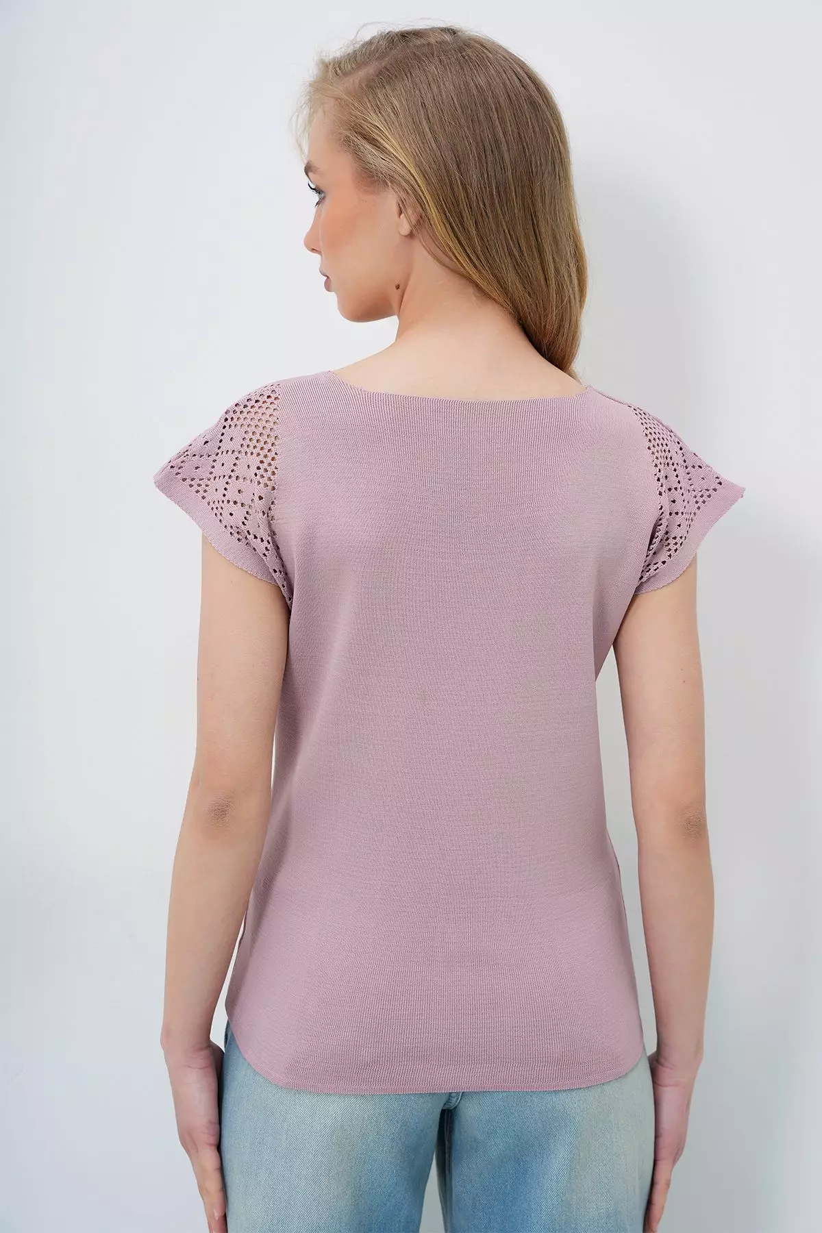 Women's Powder Square Neck Openwork Summer Knitwear Blouse