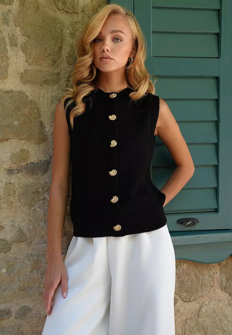Crew Neck Gold Buttoned Textured Knit Vest