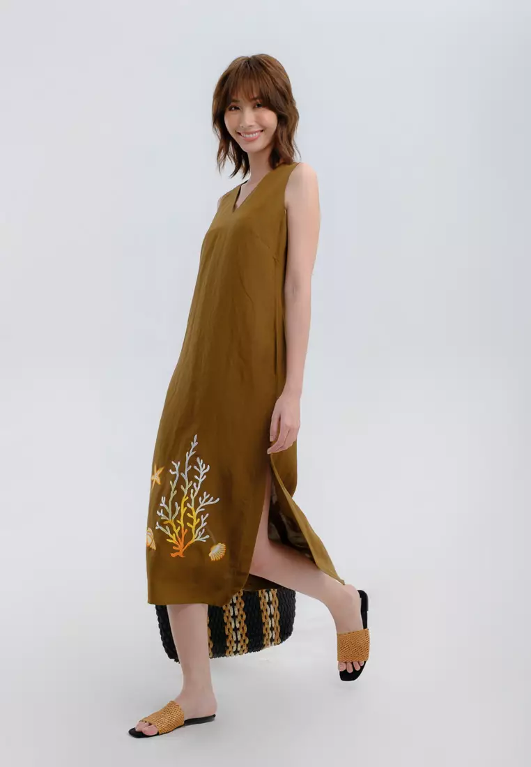 chinese dress ladies Midi linen dress BOHOL in Green