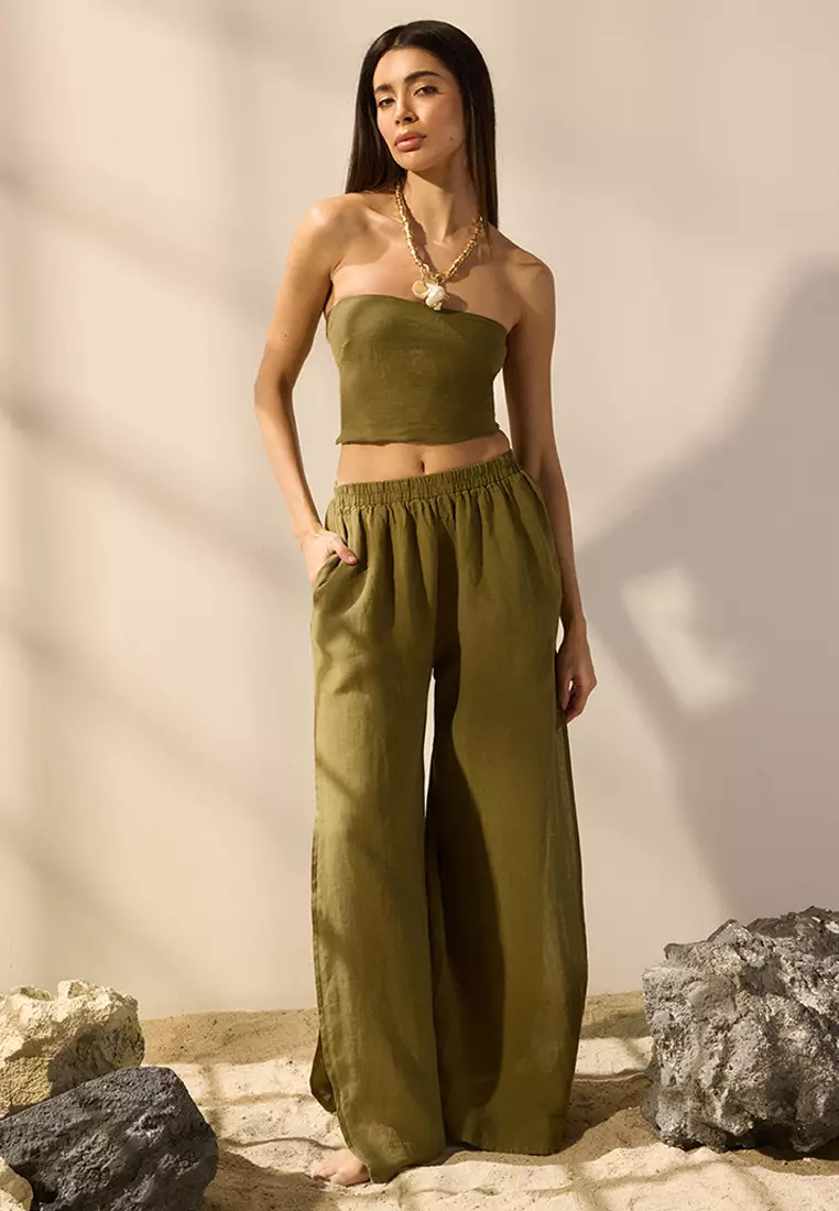 Khaki Weaving 100% Linen Slit Beach Trousers TBESS25PL00004