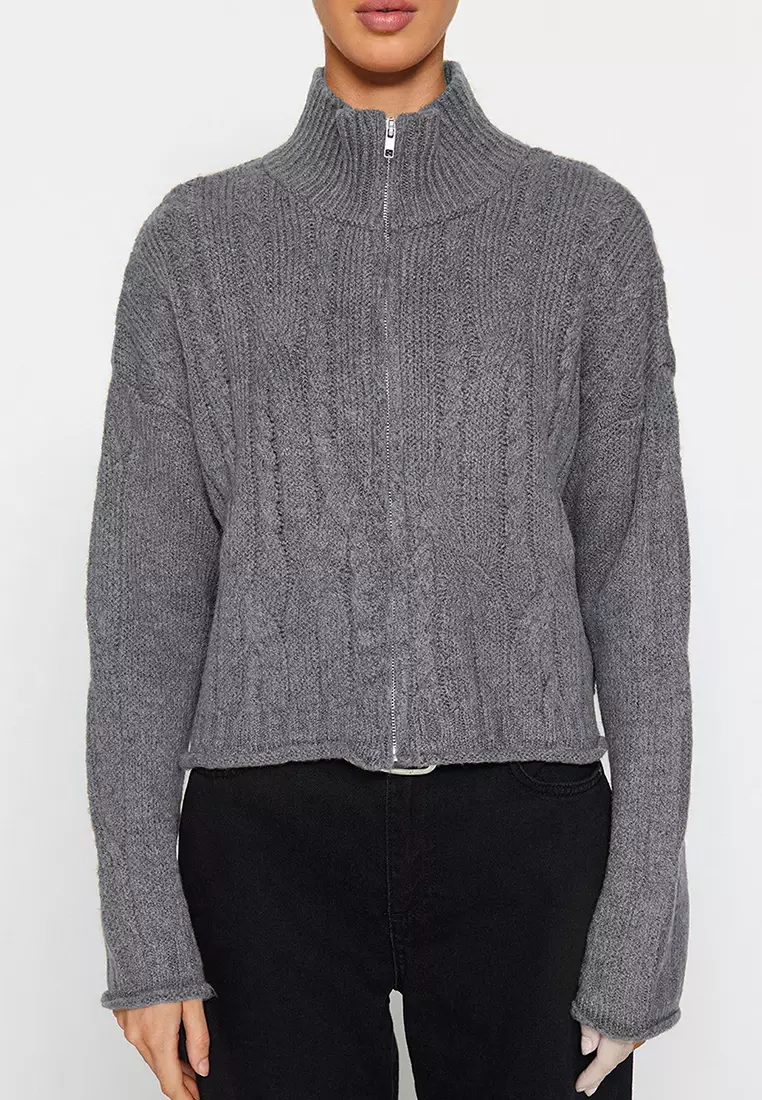 Anthracite Crop Soft Textured Zippered Hair Braided Knitwear Cardigan
