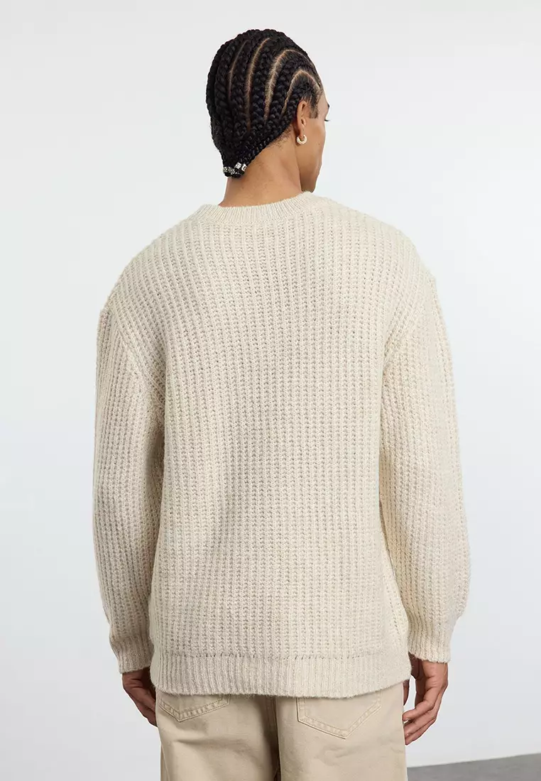 Stone Unisex Oversize Crew Neck Textured Knitwear Sweater TMNAW25KZ00011