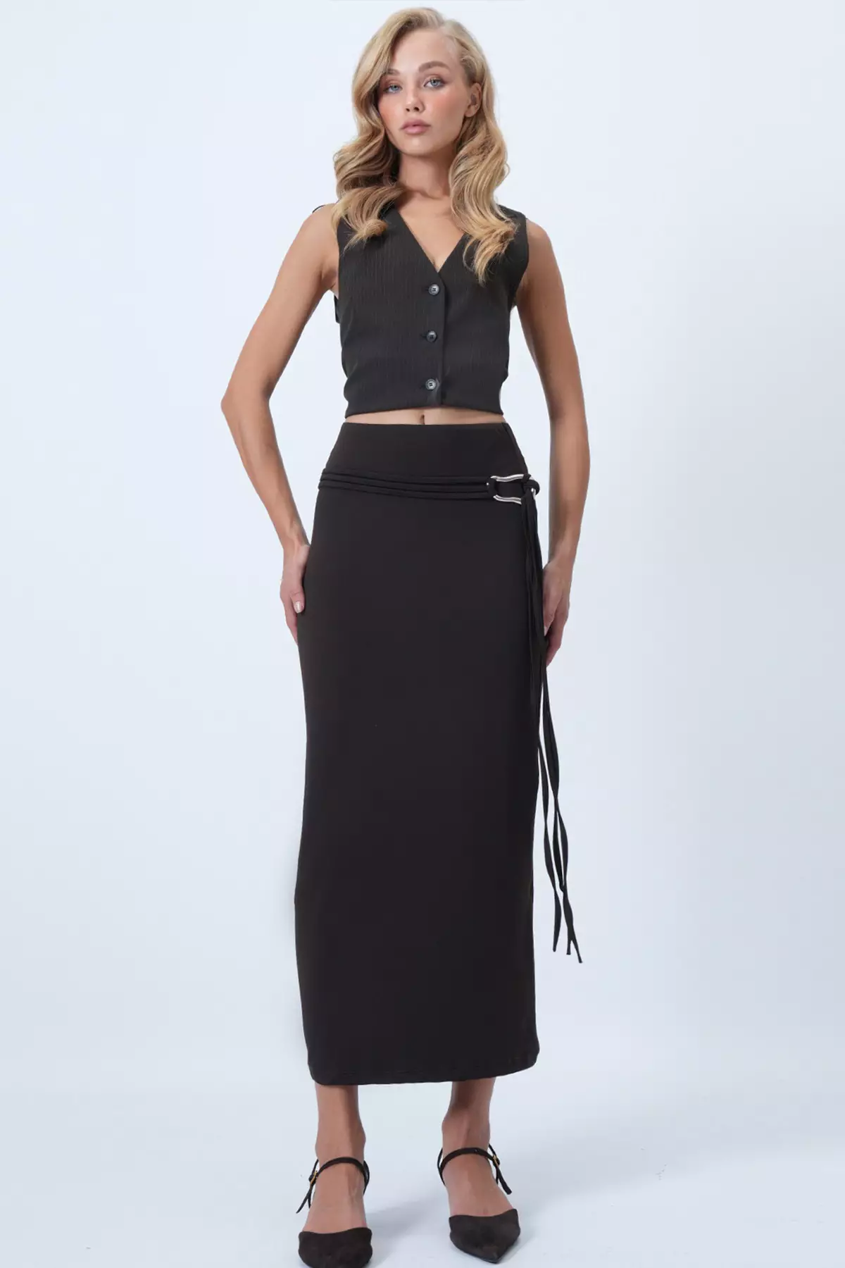 Women'S Bitter Brown Belt Detailed Midi Length Sandy Skirt Alc-X14550