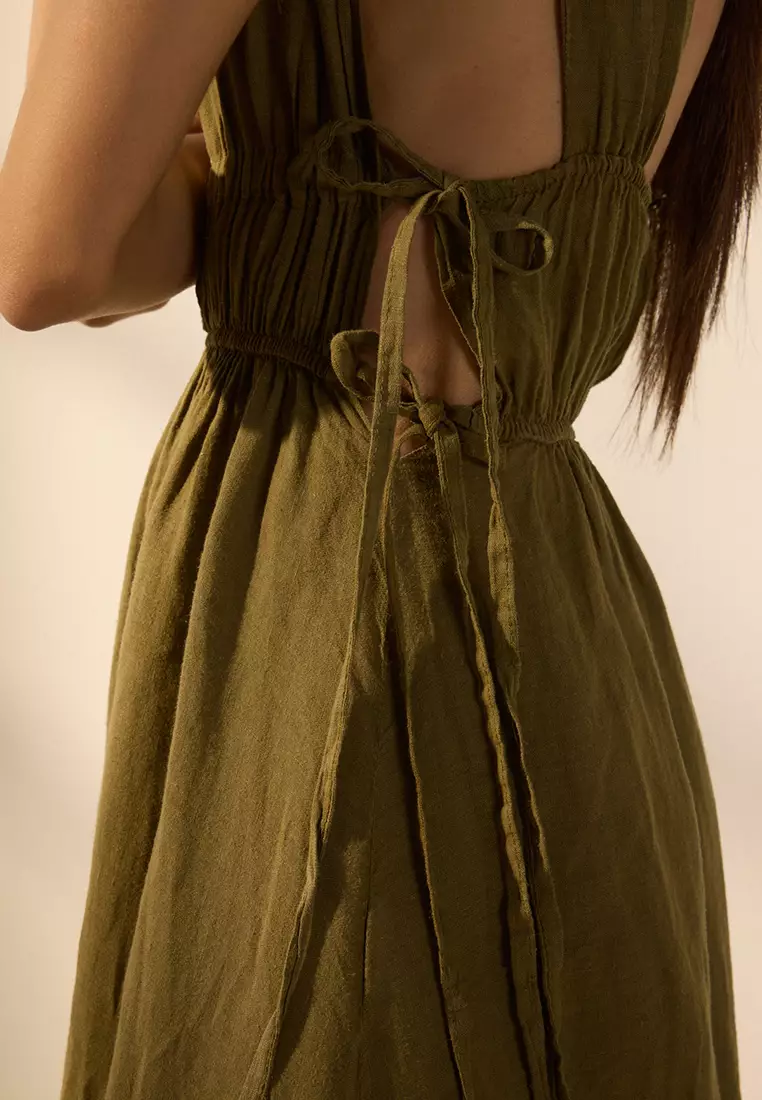 Khaki Maxi Woven 100% Linen Shirring Detailed Beach Dress TBESS25EL00105