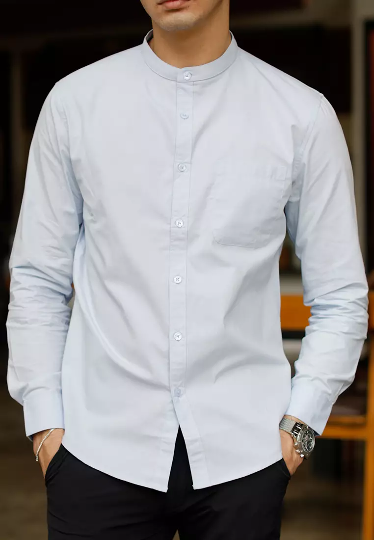 Oxcon Collarless Long Sleeve Business Shirt soft cotton Light Blue
