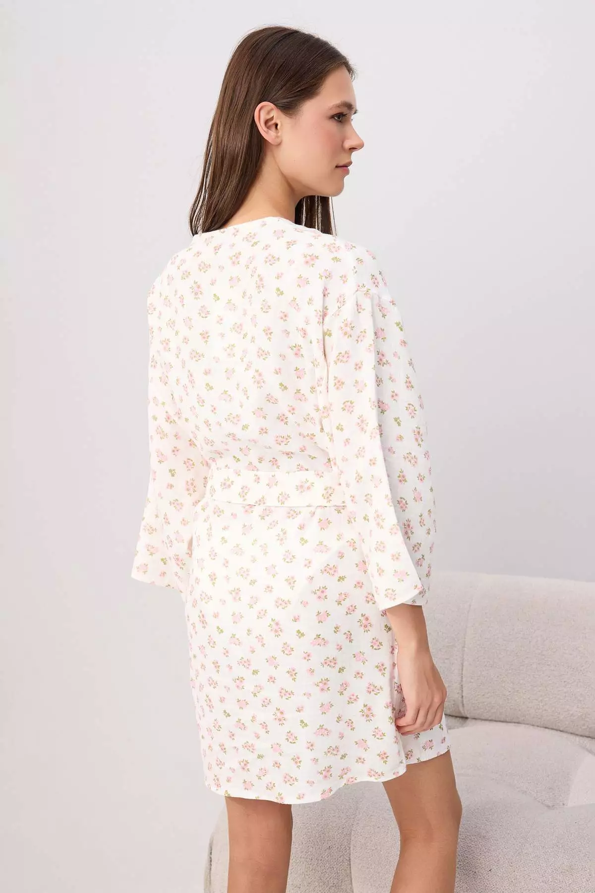 Ecru-Pink 100% Cotton Heart Belted Muslin Woven Dressing Gown Thmss25Sb00000